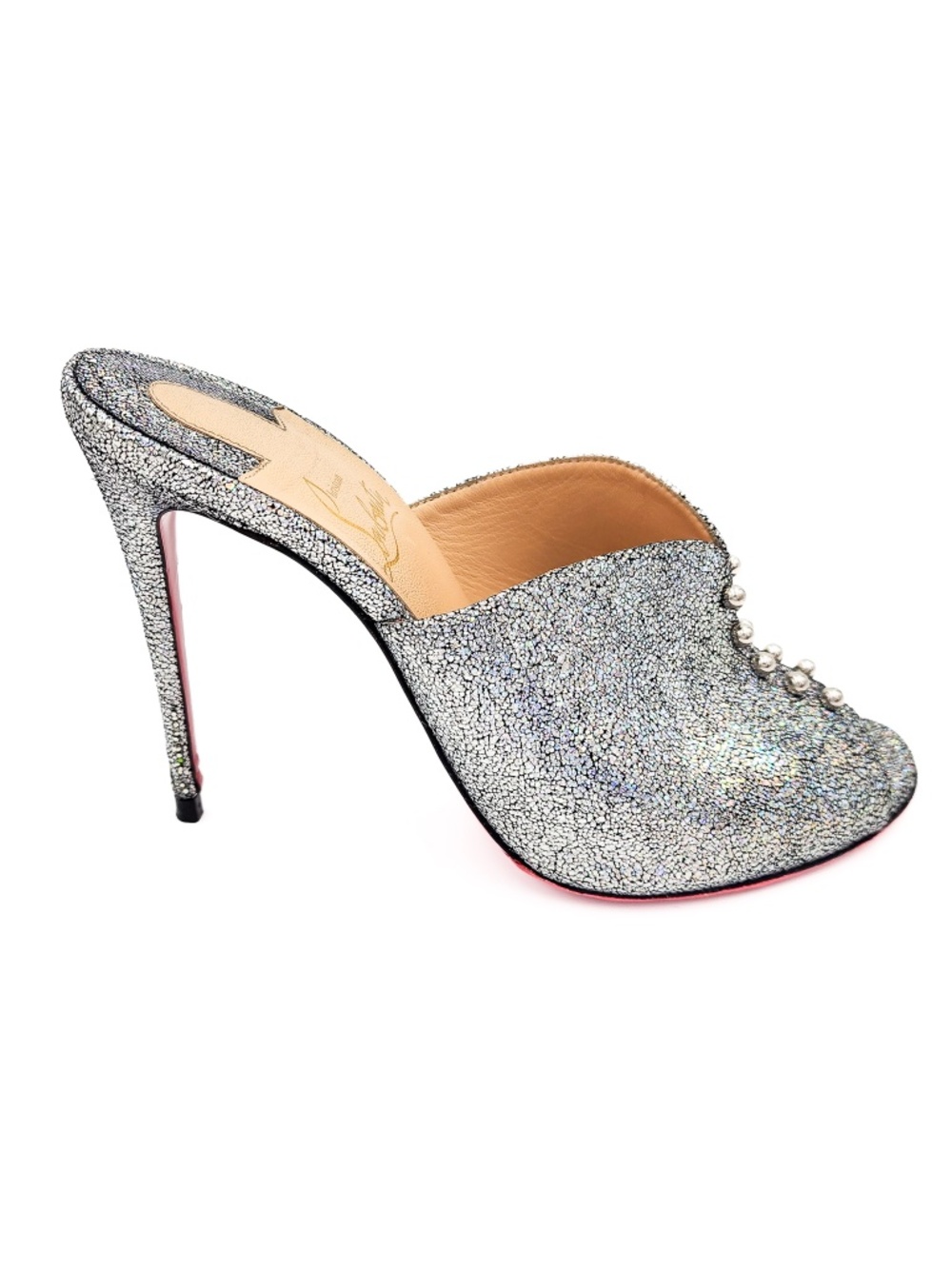 Christian Louboutin Predumule 100 Silver Leather Mica Studded Mule Heels EU 38